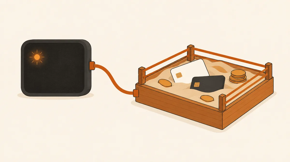 Terminal connected to a fenced sandbox holding payment cards and coins