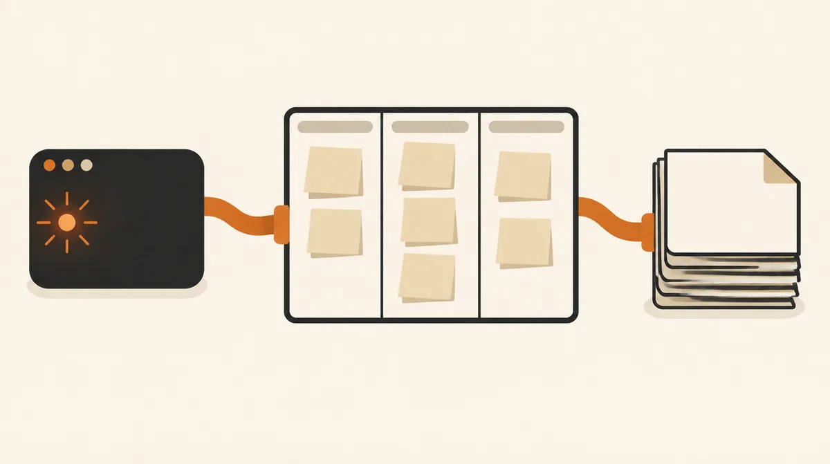 Terminal connected to a kanban board and a stack of documents