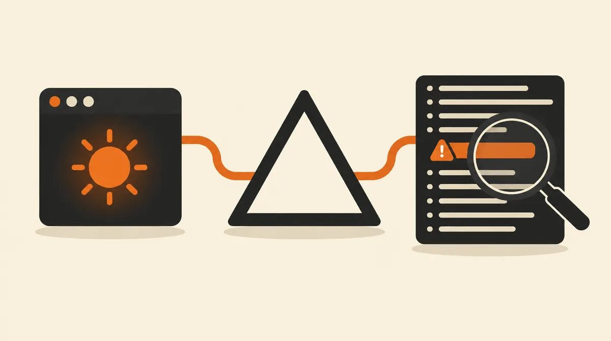 Terminal wired to a triangle and a log panel where a magnifying glass finds the highlighted error line