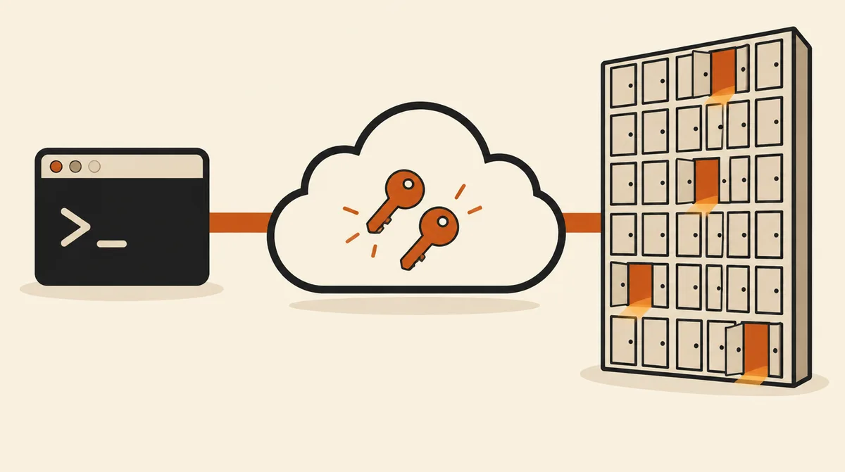 Terminal wired to a cloud where two small keys open a wall of tiny doors