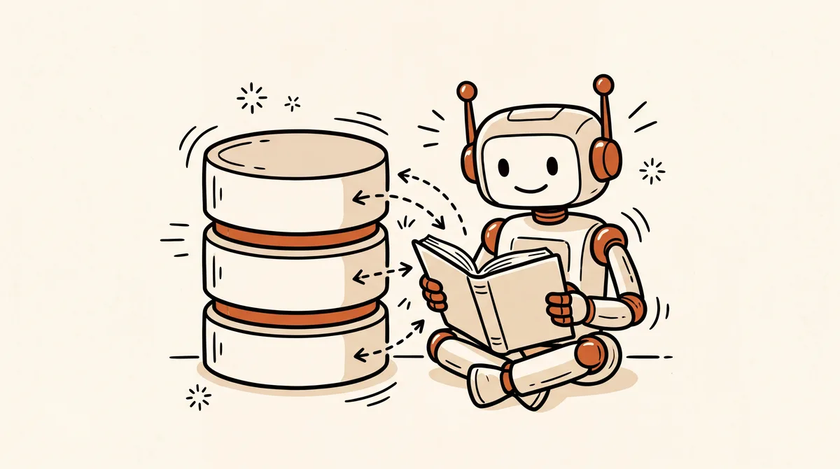 Robot reading a book beside a database stack, arrows only flowing out of the stack