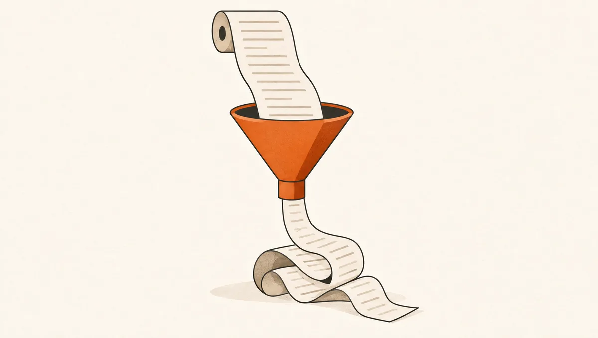 A long paper scroll fed through an orange funnel comes out as a shorter strip