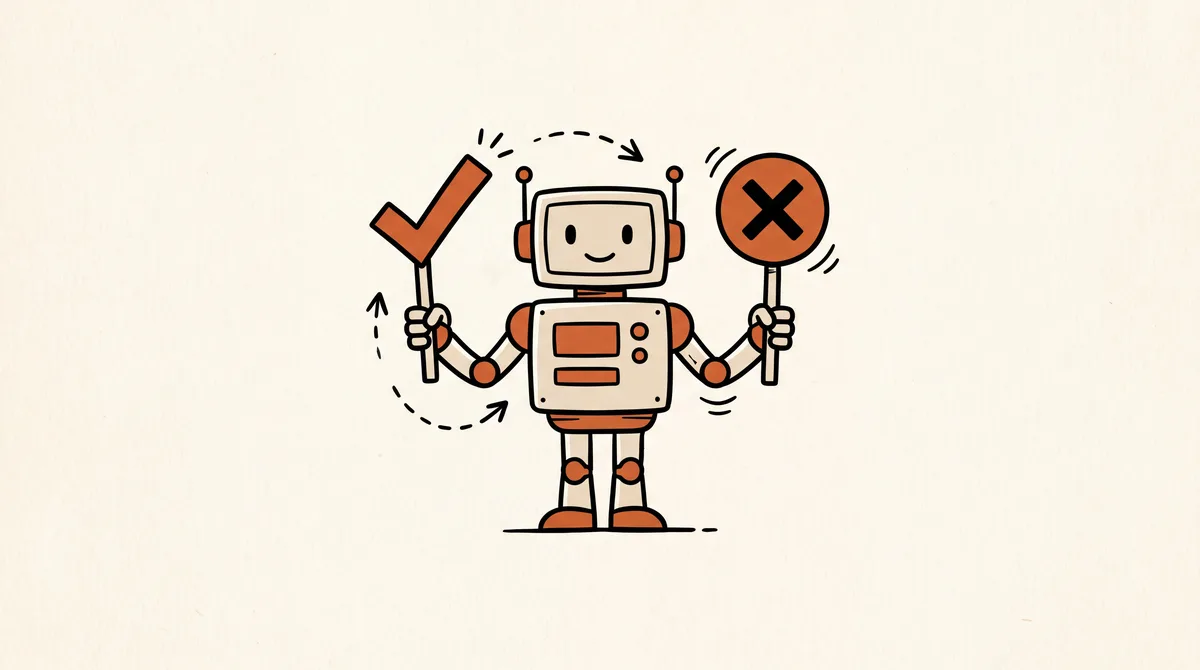 Robot holding up a check-mark sign in one hand and a red X sign in the other
