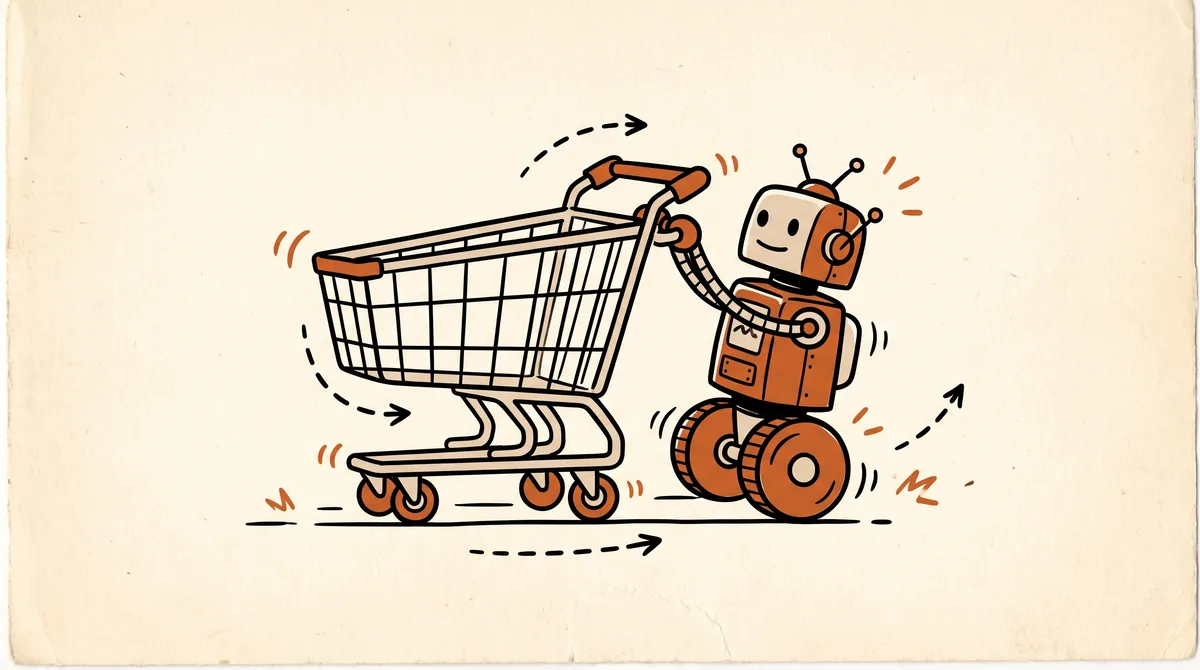 Robot pushing a shopping cart, dashed arrows checking its path