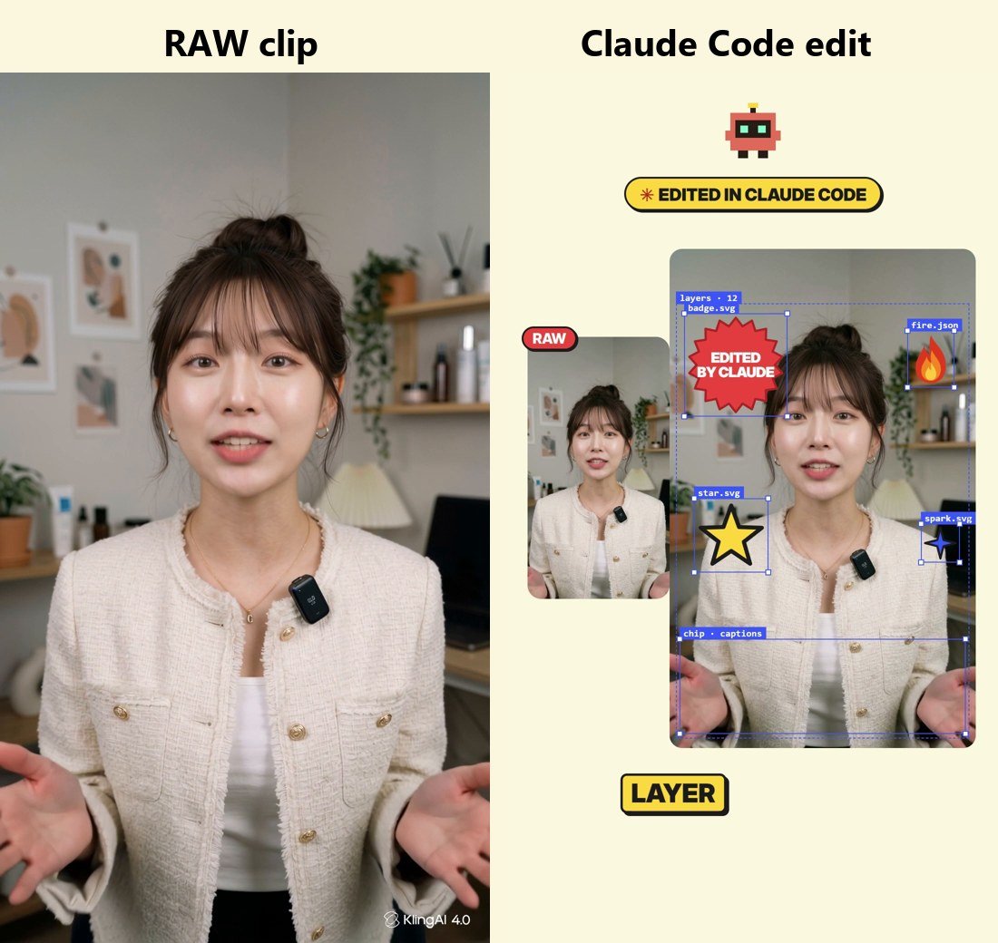 Same moment, before and after: the raw clip vs the Claude Code edit