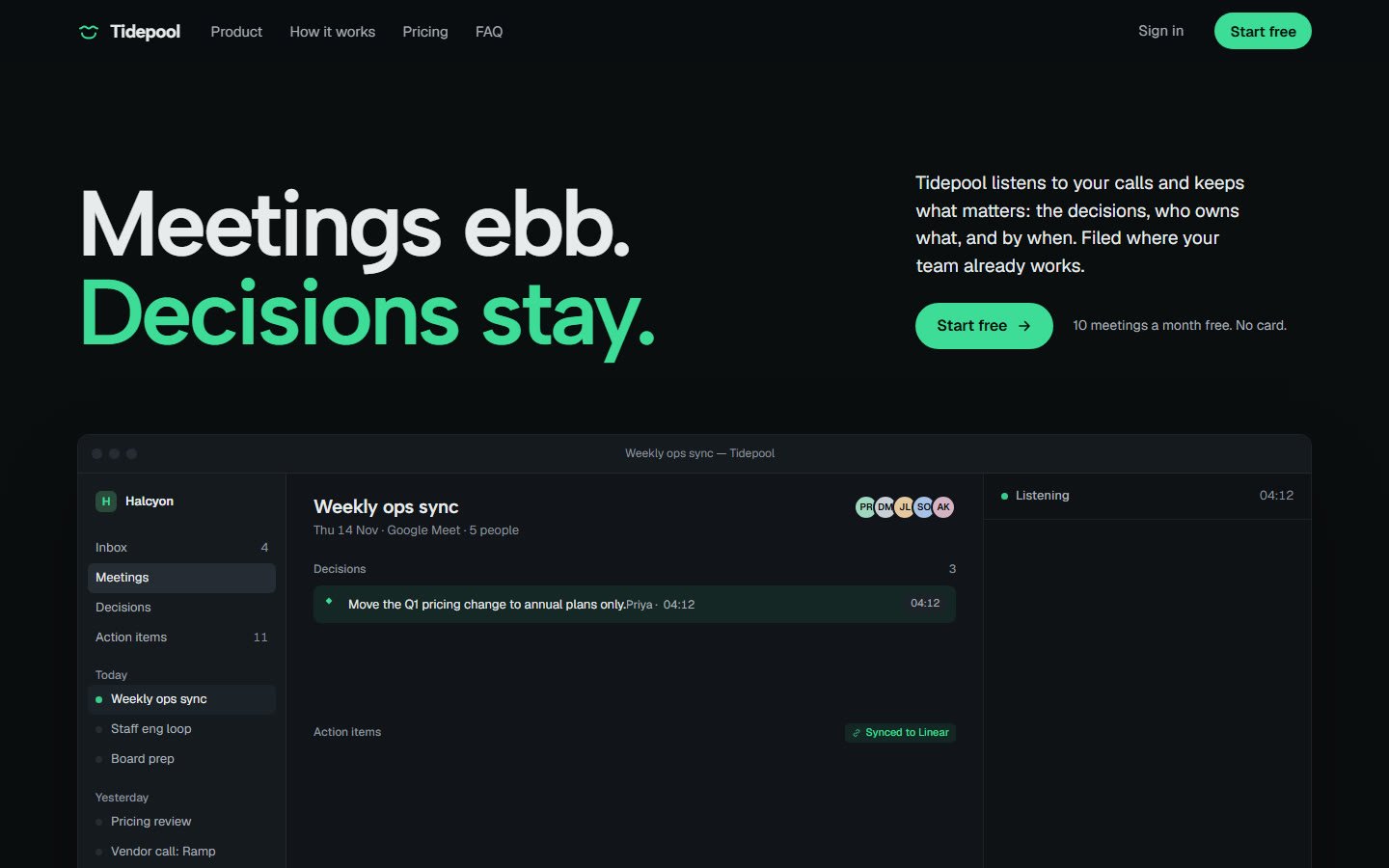 Tidepool: dark SaaS landing page with a product window drawn in HTML